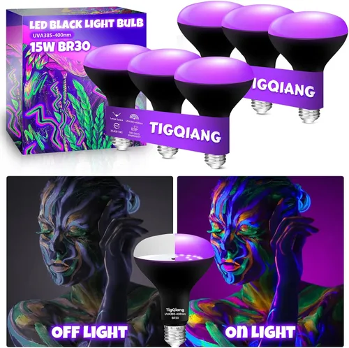 Miniatura 2 de TigQiang Paquete de 6 bombillas negras, equivalente a 120 W, bombilla LED negra E26 BR30 de 385-400 nm para decoraciones de Navidad de Halloween