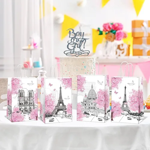 Miniatura 6 de ZOIIWA 12 bolsas de regalo de la Torre Eiffel de París, bolsas de dulces de primavera rosa de la Torre Eiffel, bolsas de regalo de la Torre Eiffel