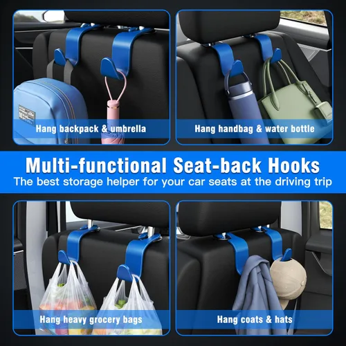Miniatura 3 de Amooca - Gancho para reposacabezas de asiento de coche, 4 unidades, organizador de almacenamiento universal para bolso de mano, abrigo, ajuste Azul
