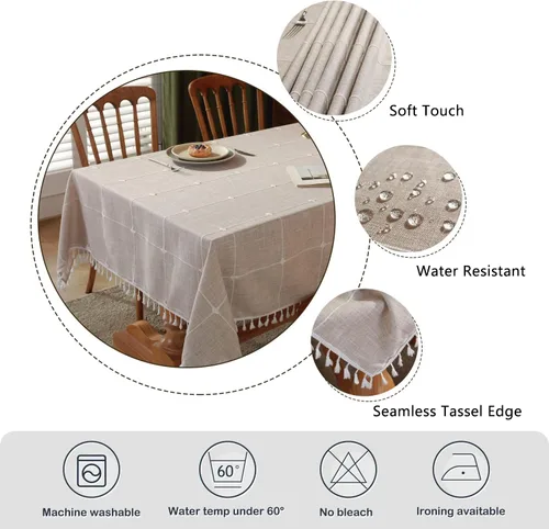 Miniatura 5 de Laolitou Mantel rústico de algodón y lino, manteles para mesas rectangulares de 6 pies, mantel impermeable y lavable con borlas rectangular/oblongo