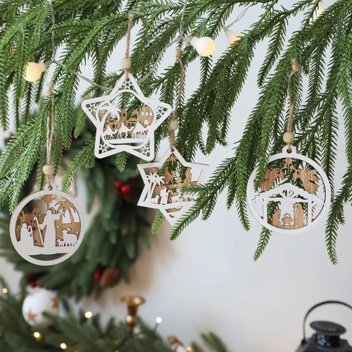 Miniatura 4 de Juego de 18 piezas de adornos de belén para árbol de Navidad, adorno de escena de natividad de madera, regalo religioso para decoración navideña
