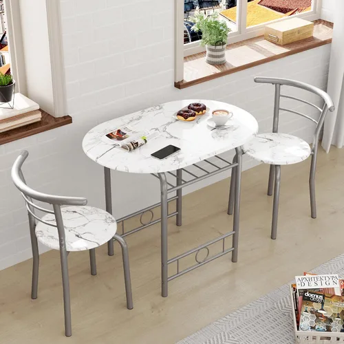 Miniatura 2 de JUMMICO Juego de Mesa Redonda y Sillas de Madera de 3 Piezas, Ahorro de Espacio Desayunador de Cocina Superficie de Veta de Madera con Marco