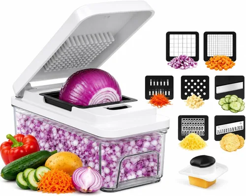 Picadora de verduras con recipiente, picadora de verduras y picadora de alimentos con 7 cuchillas de acero inoxidable, cortador de cebolla para