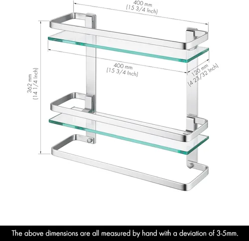 Miniatura 2 de KES Estante de vidrio templado para baño, estante de vidrio de almacenamiento de 2 niveles, rectangular con barra montado en la pared, acabado