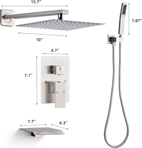Miniatura 6 de Juego de grifo de ducha con boquilla de bañera, sistema de ducha de lluvia de níquel cepillado completo montado en la pared para baño con cabezal