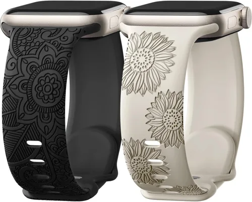 Miniatura 9 de Odbeai Correa deportiva de silicona suave con grabado floral compatible con Apple Watch de 1.496 pulgadas, 1.575 pulgadas, 1.614 pulgadas, 1.654