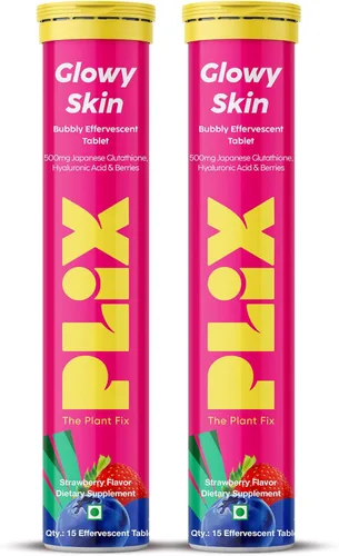 Miniatura 15 de PLIX Glowy Skin Suplemento de glutatión de 500 mg con ácido hialurónico, vitamina C, E y bayas 15 tabletas efervescentes, sabor fresa