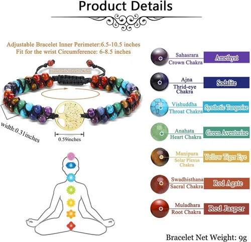 Miniatura 7 de PESOENTH 7 pulseras de cristal curativo para mujer, piedras preciosas naturales, yoga, reiki, chakras, piedras de ansiedad, árbol de la vida