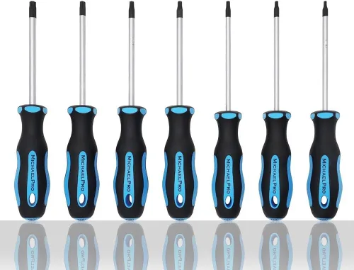 MichaelPro Juego de destornilladores Torx de 7 piezas con mango ergonómico de doble material | T10, T15, T20, T25, T27, T30, T40, puntas magnéticas