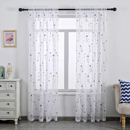 Miniatura 19 de Taisier Home Cortinas Traslúcidas Blancas Florales con Estampado de Flores y Bordado de Enredaderas para Dormitorio, Cortina con Bolsillo