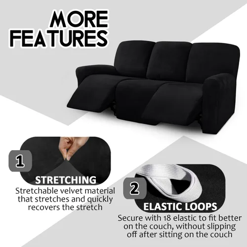 Miniatura 4 de ULTICOR Fundas de terciopelo para sofá reclinable de 8 piezas, fundas elásticas para sofá reclinable de 3 cojines, fundas para muebles, fundas