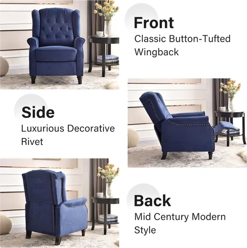 Miniatura 7 de Bonzy Home Sillón reclinable orejero de empuje hacia atrás, sillón tapizado de respaldo alto con patas de madera maciza, decoración con remaches
