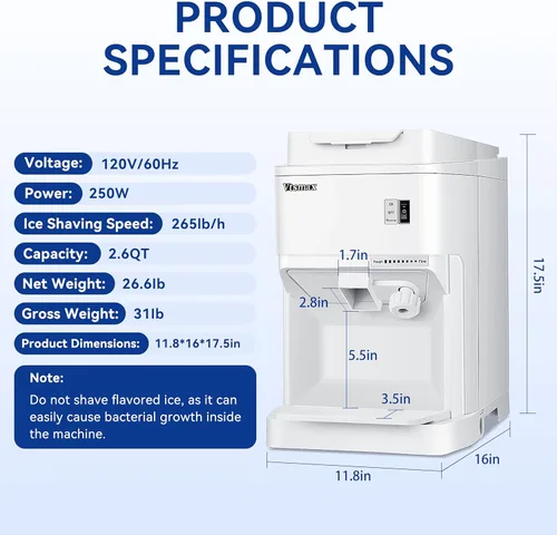 Miniatura 6 de Afeitadora eléctrica de hielo, máquina de hielo afeitado de 250 W, máquina de afeitar de hielo ajustable de grosor de 265 libras/hora de rotación