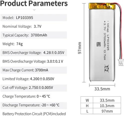 Miniatura 2 de Batería de polímero de litio de 3.7 V 3700 mAh 103395 recargable con cables y conector JST-PHR-02 de 2 pines para altavoz Bluetooth y dispositivo