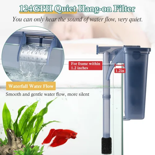 Miniatura 6 de Filtro de acuario para colgar de 5 W: filtro ultra silencioso para tanque de peces de 124 GPH con esponja de filtro y carbón activado, filtro