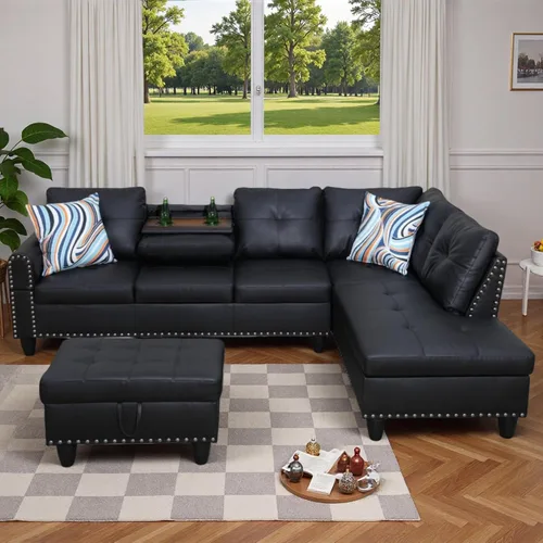 Miniatura 14 de Sofá modular de cuero en forma de L de 3 piezas – Sofá modular convertible con diván móvil y otomana de almacenamiento, uso multiescenario para sala