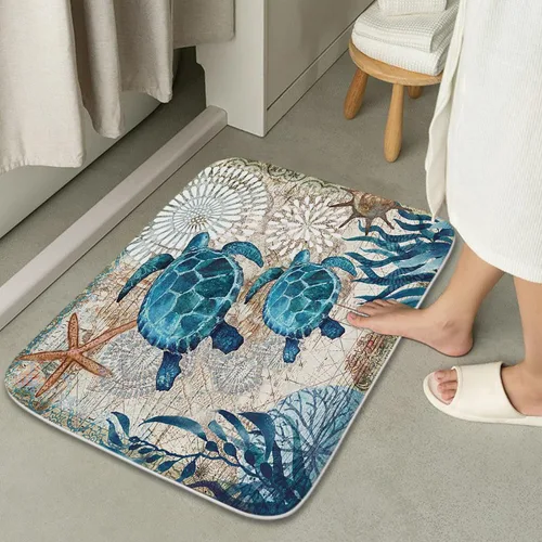Miniatura 5 de Alfombra de baño de terciopelo coral con diseño náutico de tortugas marinas, animales de playa, tapete de ducha antideslizante para baño de océano