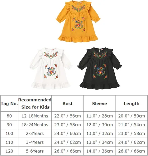 Miniatura 7 de FYMNSI Vestido floral con bordado étnico mexicano para bebé, vestido casual para niños, manga larga, volantes, playa, vacaciones, vestido de verano