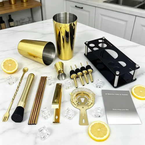 Miniatura 7 de Juego profesional de coctelera con soporte y recetas de cócteles, kit de 15 piezas de 750/600ml para barman, juego de utensilios de bar, juego de Oro