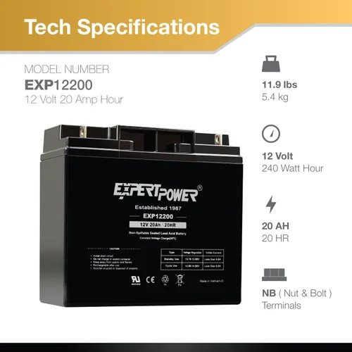 Miniatura 3 de ExpertPower EXP12200 Batería recargable de 12 voltios y 20 Ah con terminales roscados