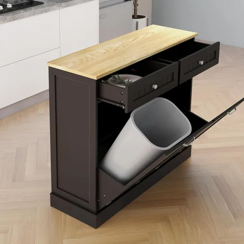 Miniatura 5 de RASOO Gabinete de basura de doble inclinación hacia fuera, cesta de lavandería independiente de madera con 2 cajones, cubo de basura de cocina