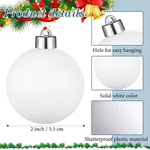 Miniatura 2 de Sratte Kit de decoración de bolas lisas para árbol de Navidad de 2 pulgadas, adornos de bolas blancas en blanco para actividades de manualidades