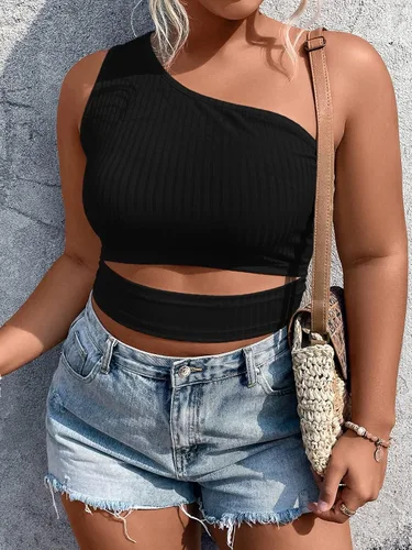 Miniatura 5 de MakeMeChic Camiseta corta sin mangas con un hombro recortado para mujer, talla grande