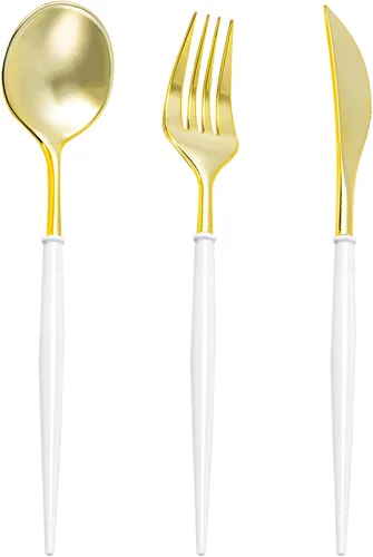 Miniatura 9 de N9R Juego de cubiertos de plástico dorado - 90 piezas con mango negro - Cubiertos de plástico elegantes, resistentes - 30 cucharas, 30 tenedores, 30