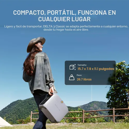 Miniatura 8 de EF ECOFLOW Estación de energía portátil DELTA 3 Classic, batería LiFePO4 de 1024 Wh, salida de 1800W AC/100W USB-C, carga rápida de 1 hora