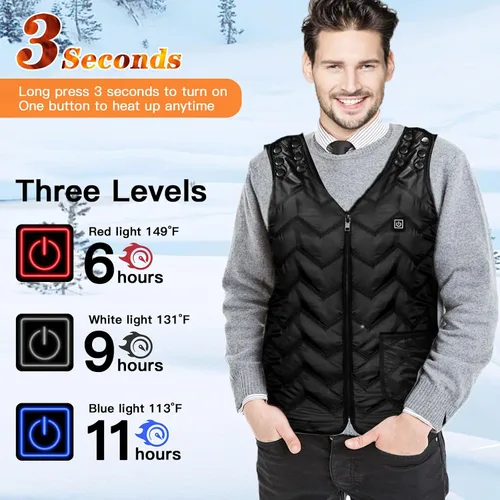 Miniatura 2 de Chaleco térmico para hombres y mujeres, con carga USB, tamaño ajustable para cazasenderismo, chalecos cálidos de invierno, Negro