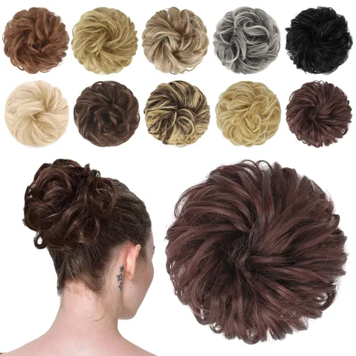 Miniatura 24 de FESHFEN Pieza de Cabello de Moño Desordenado - Extensiones Elásticas Onduladas Rizadas de Moño Scrunchies Sintético Chignon Postizos para Mujeres