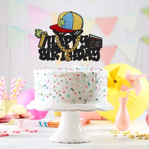 Miniatura 7 de Decoración para pastel de cumpleaños con grafiti de hip hop, decoración retro de los años 80 y 90, decoración de fiesta punk de cumpleaños