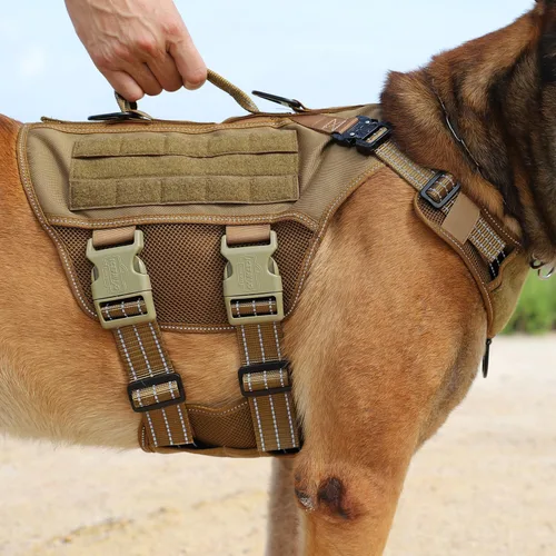 Miniatura 3 de ICEFANG - Arnés táctico de malla para perros grandes, chaleco táctico para perros con hebillas de metal reflectantes, paneles de velcro, clip Marrón