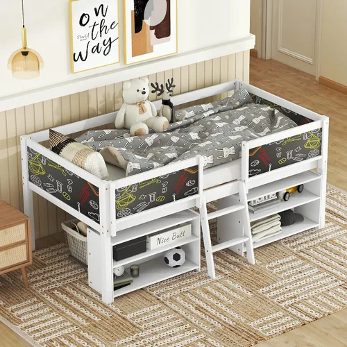 CITYLIGHT Cama baja tipo loft con dos estantes móviles y escalera, cama baja junior individual con barandilla decorativa, color blanco