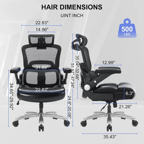 Miniatura 3 de Silla de oficina ergonómica resistente de 500 libras, silla de escritorio grande y alta con soporte lumbar ajustable, reposacabezas 3D, respaldo