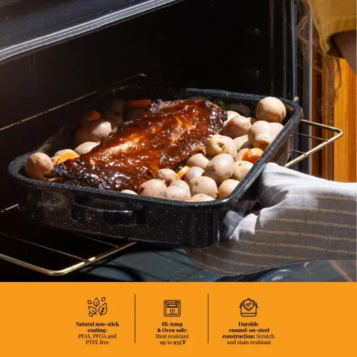 Miniatura 6 de Granite Ware Bandeja abierta para asar con rejilla plana (negro moteado) - Capacidad para hasta 25 libras de aves de corral o asado.