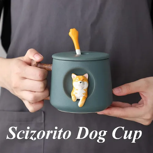 Miniatura 6 de Taza de Pareja de Perros Linda, Taza de Café de Cerámica con Tapa, Patas en la Parte Superior de la Cuchara, Bonito Diseño Tridimensional de Shiba