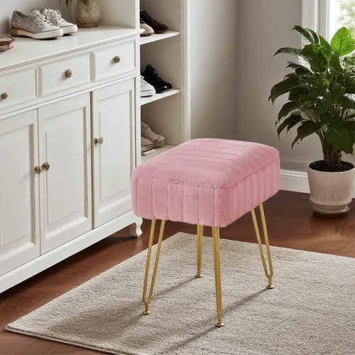 Miniatura 8 de FUXA Taburete de tocador con almacenamiento, silla de maquillaje de piel sintética con 4 patas de metal y pies antideslizantes, asiento acolchado