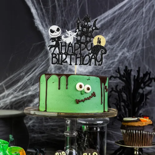 Miniatura 5 de 1 pieza de decoración de pastel de Halloween con purpurina Jack y Sally calabaza murciélago castillo fantasma Halloween pastel Pick para fiesta