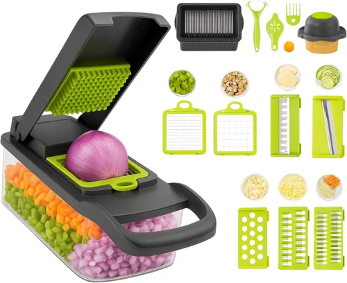 Picador de frutas 14 en 1 | Cortador de frutas y verduras | Cortador de patatas – Cortador de verduras ajustable multifuncional con protector de