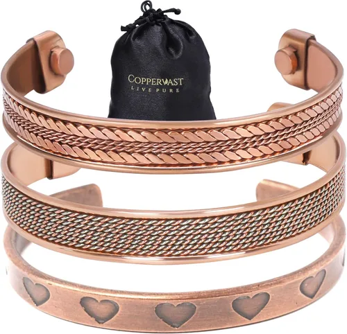 Pulseras de cobre para hombres y mujeres | Juego de 3 con caja de regalo | Hecho a mano 100% cobre | Regalo para mujeres y hombres