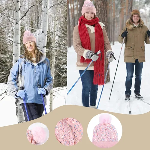 Miniatura 6 de Gorro de invierno para mujer, gorro de punto con piel sintética extraíble, pompón y lentejuelas