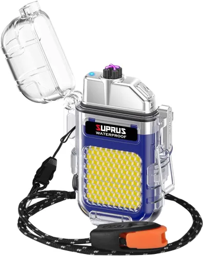 SUPRUS Impermeable 3 modos de linterna a prueba de viento, encendedor de doble arco eléctrico recargable de plasma de doble arco con silbato de Azul