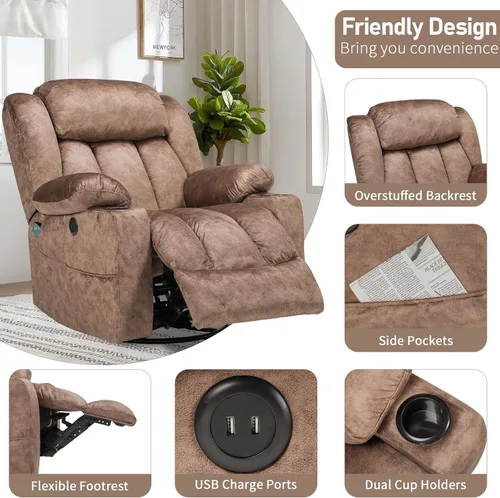 Miniatura 6 de Silla reclinable giratoria con calor y masaje, mecedora manual mecedora reclinable, silla giratoria de 360° con 2 portavasos, bolsillos laterales