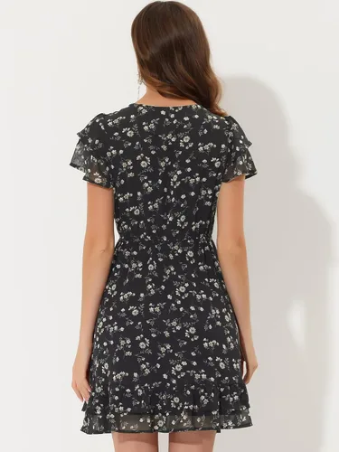 Miniatura 4 de Allegra K Vestido de gasa floral con cuello en V y mangas con volantes para mujer