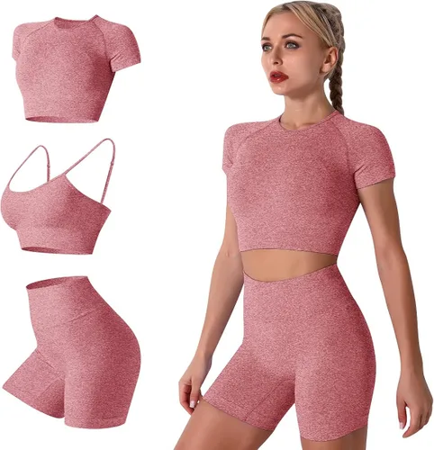 Conjunto de yoga para mujer sin costuras pantalones cortos de ejercicio de cintura alta con brasier deportivo 3 piezas conjunto deportivo