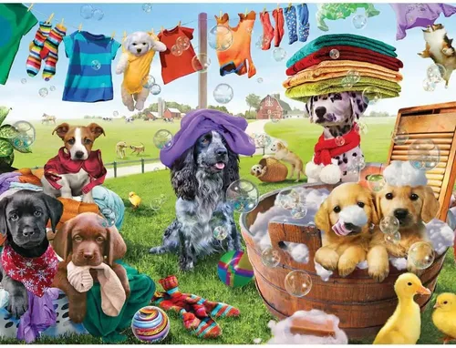 Bits and Pieces Rompecabezas de piezas grandes para adultos – "Puppies Playing" por el artista Adrian Chesterman (rompecabezas de 500 piezas)