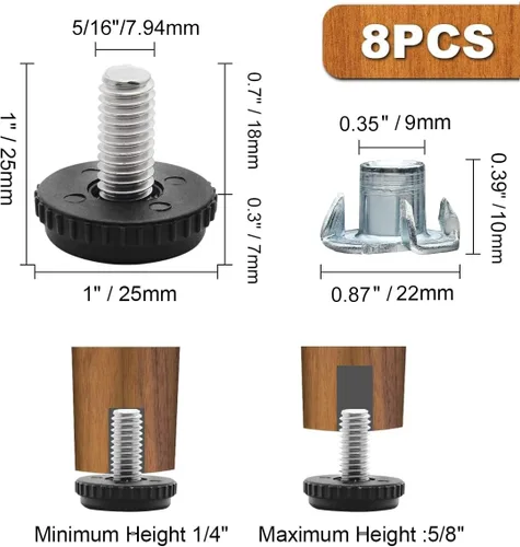 Miniatura 3 de 5/16" - 18 pies niveladores UNC, 8 niveladores de patas ajustables, niveladores de muebles atornillados con tuercas en T para armario, sofá