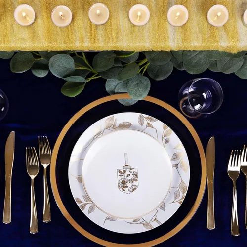 Miniatura 2 de EcoQuality Platos redondos de plástico de 10 pulgadas, platos llanos blancos de Hanukkah con diseño de Dreidel dorado de Janucá para fiesta