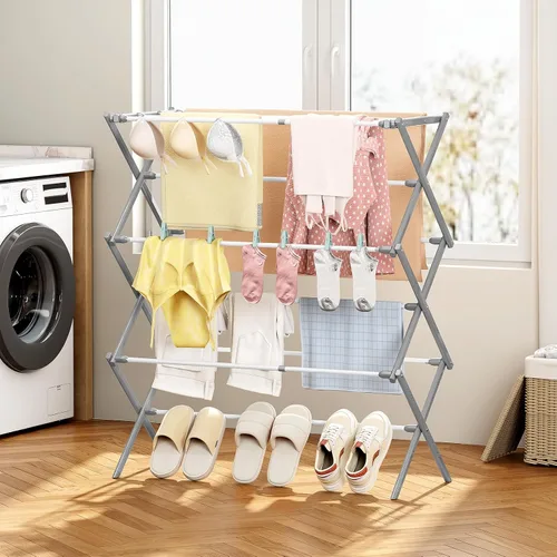 Miniatura 8 de KINGBOARD Tendedero de secado de ropa, plegable con 11 postes, estante de secado de ropa de 3 niveles, estante de secado de ropa pequeño plegable